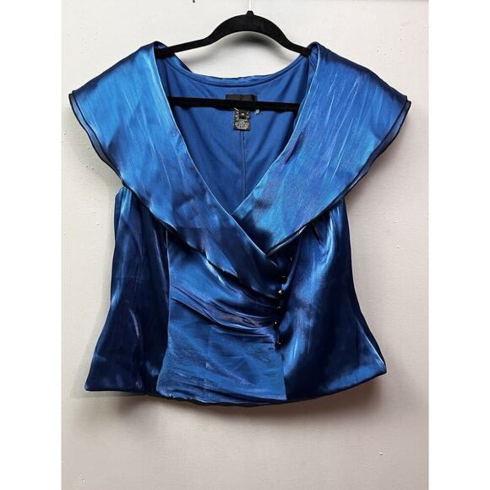 Xscape‎ By Joanna Chen Shirt Womens Medium Fitted V Neck Blue Shiny Button
